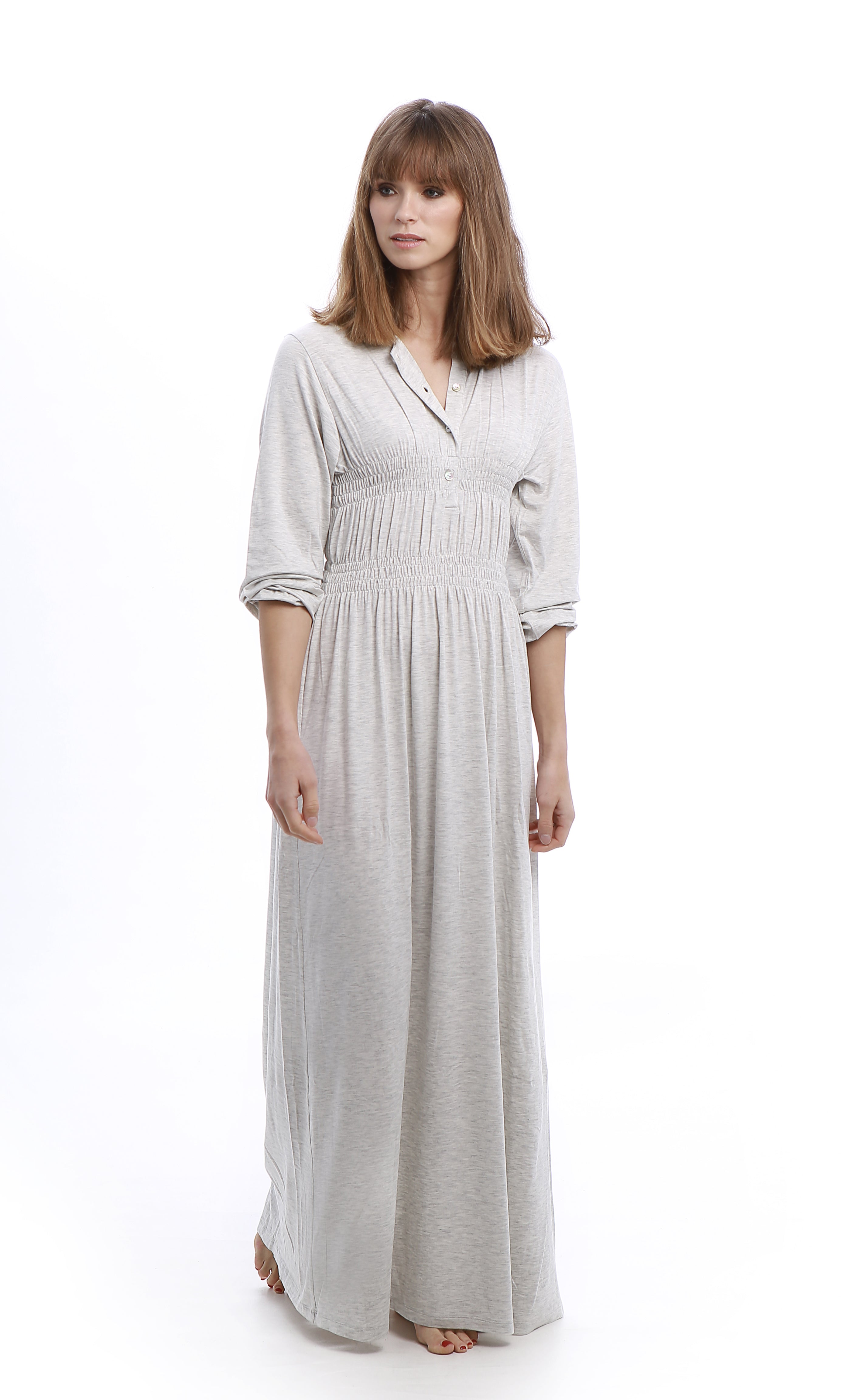 Pippa - Rojo London. A maxi length nightgown in the softest morning grey melange. With smocking detail and button closure, this nightdress is as irresistibly chic as it is comfy.