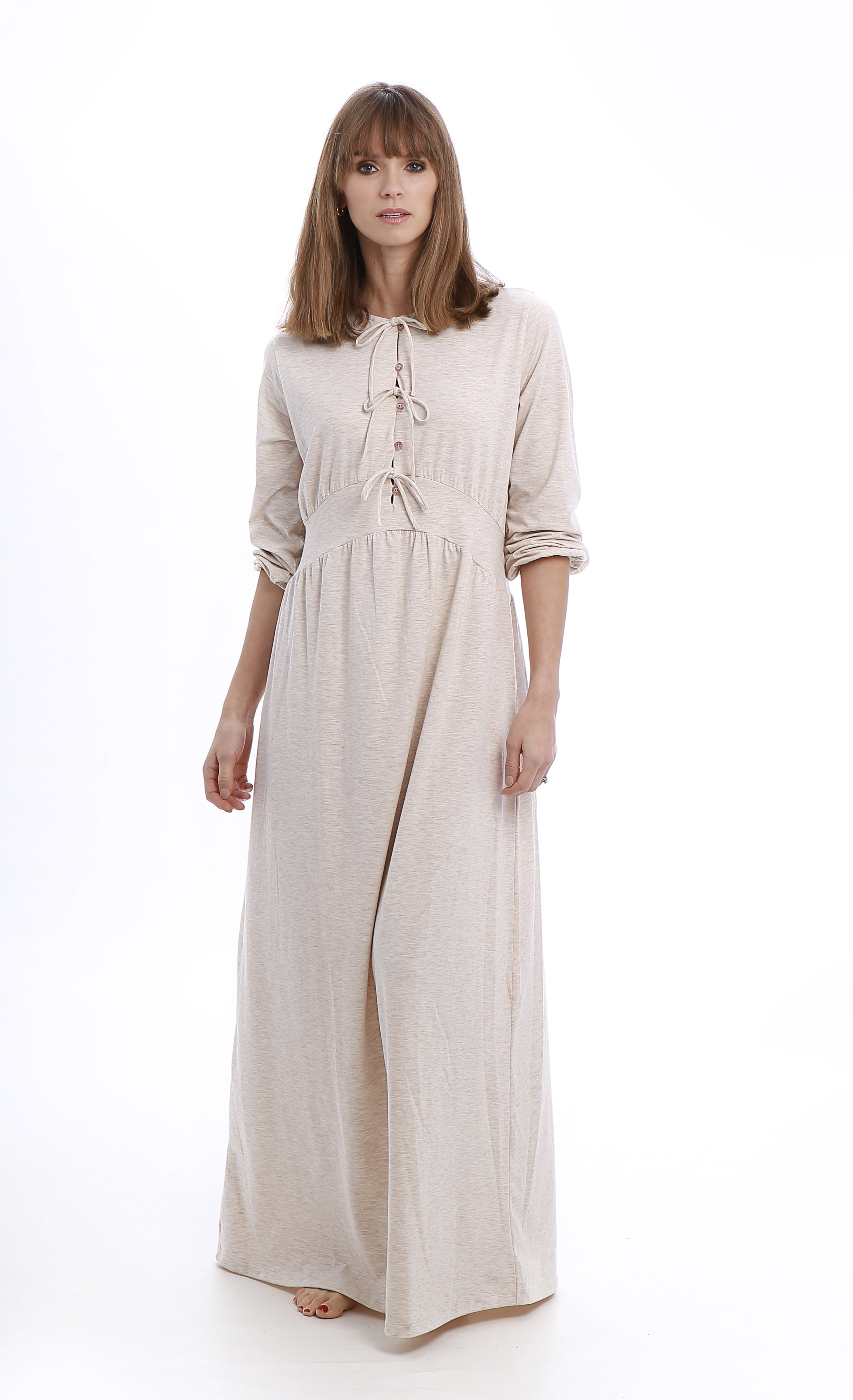 This maxi length nightgown features an empire waist and delicate bow closures for an impeccably elegant and feminine design. Available in two soft melange hues. Lotte- Rojo London